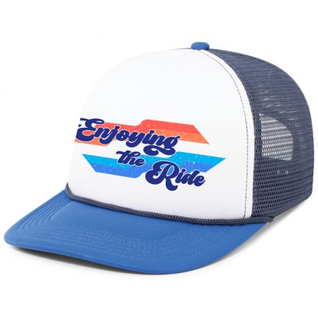 Enjoying the ride foam trucker hat in blue side view