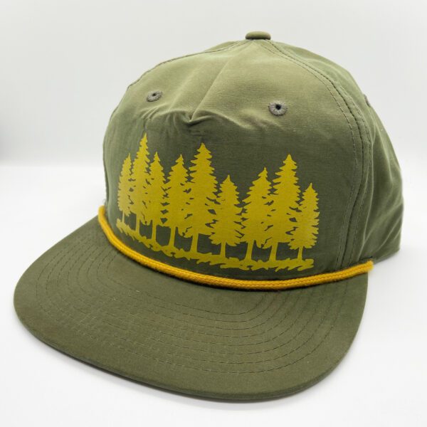 Golden trees on an olive green rope hat