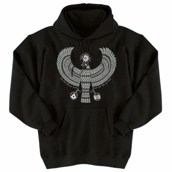 black heavyweight hoodie with falcon design