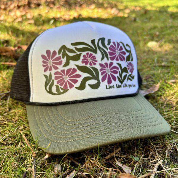 Live the life you love® flower stamp hat on white, olive green and black