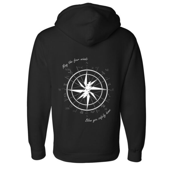 May the four winds blow you safety home zip up hoodie with lightning bolt front. back view black