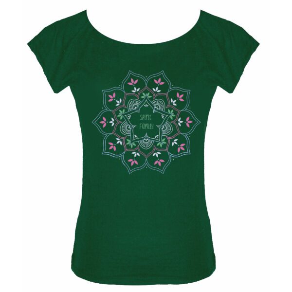 Spirit Family lotus design on a bamboo scoop neck tee in emerald green