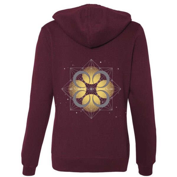 Seek the warmth of the sun and the wisdom of the moon ladies zip up in blackberry. Back View