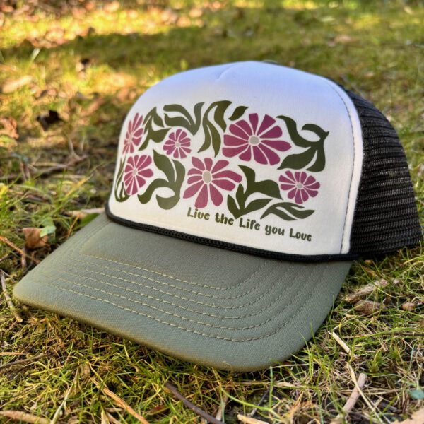 Live the life you love® flower stamp hat on white, olive green and black