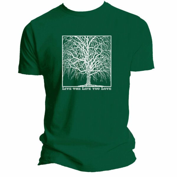 live the life you love Woodblock bamboo tee. woodcut of a willow tree