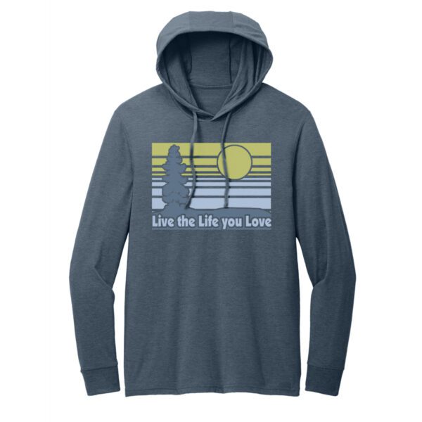 Pacific Sun hooded long sleeve on a heathered blue eco triblend