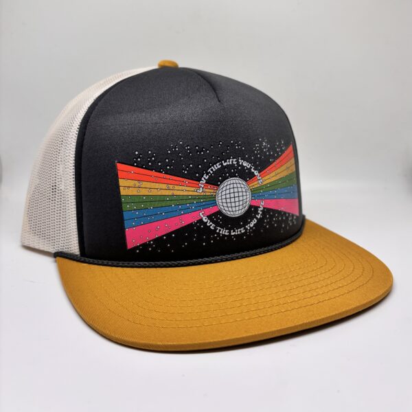 Live the Life you Love Disco Ball Hat Grey and Gold Sideview