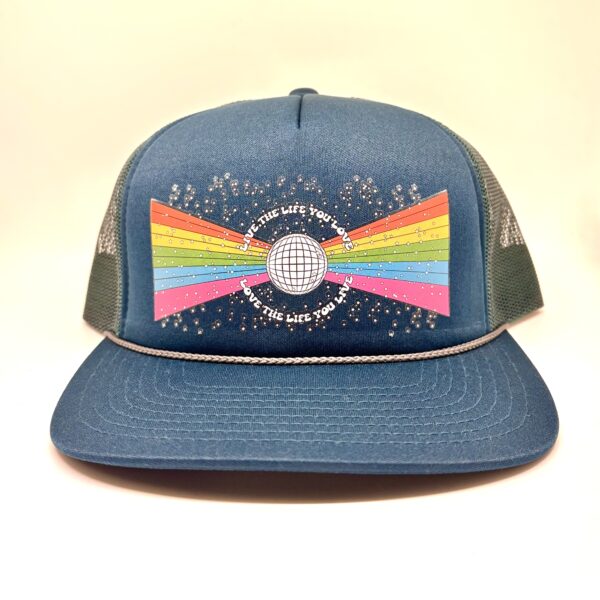 Live the Life you Love Disco Ball Hat in Teal and Forest Front View