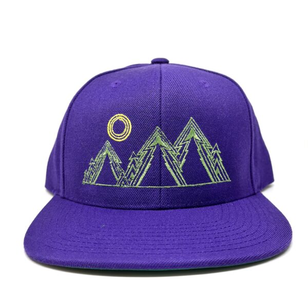 Electric trees hat design from Live the Life you Love in Navy or Purple. Flay brim